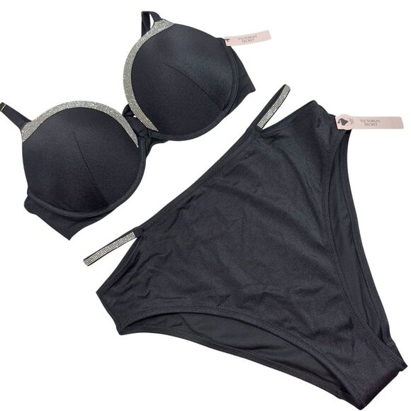 NWT VS BLING PUSH UP TOP 36D & STRAPPY BLING HIGH WAIST CHEEKY BIKINI SWIMSUIT L - Picture 1 of 12